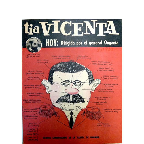 Revista Tía Vicenta, año 7, número 254, lunes 8 de julio de 1963, ilustración de portada: estudio lombrosiano de la cabeza de Onganía, Landrú